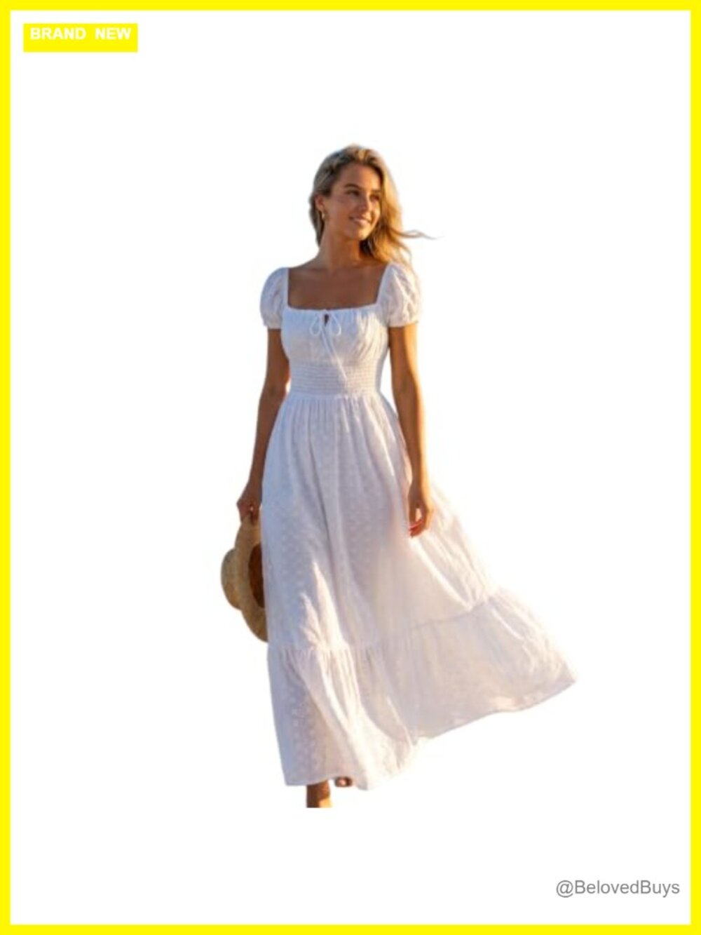 Eyelet Maxi Dress Puff Sleeve Square Neck Smocked Waist Boho A-Line